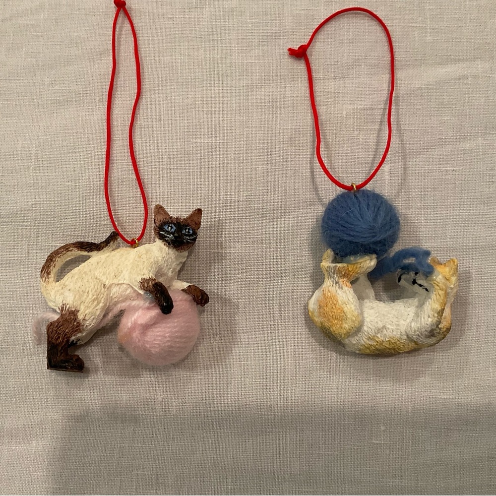 Duo of Vintage Cat Ornaments Playing with Balls of Yarn in EVC